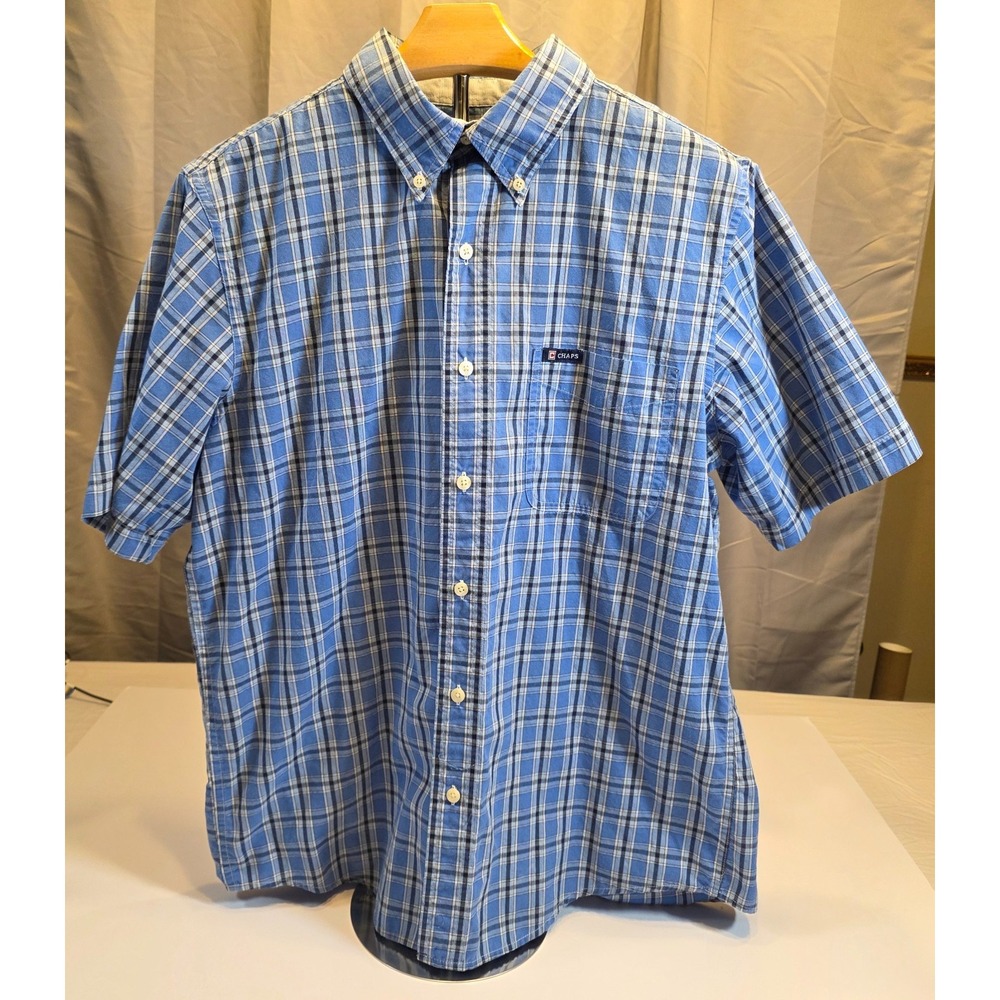 Chaps Mens Blue Plaid Short Sleeve Button Down Shirt Easy Care Size M